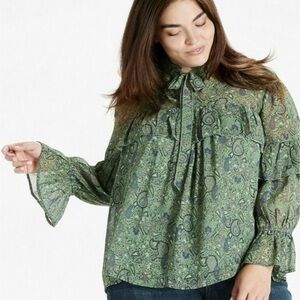 Lucky brand Boho Paisley Blouse Tie Neck Ruffle Sleeve Sheer Peasant Top 3XL